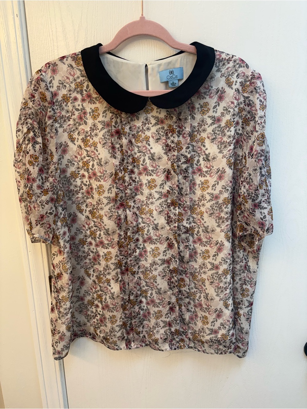 CeCe Floral Blouse with Black Peter Pan Collar